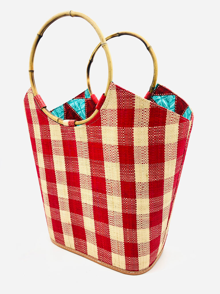 Carmen Large Gingham Straw Bucket Bag Red and Natural Multicolor Pattern with Bamboo Handles- Shebobo
