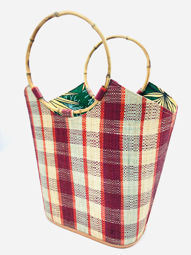 Carmen Boreal Bordeaux Red, Grey, and Natural Color Large Gingham Straw Bucket Bag handbag with bamboo handles- Shebobo