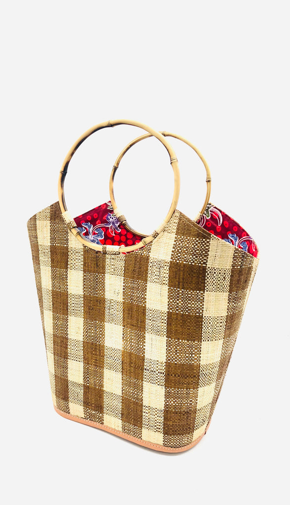 Carmen Cinnamon brown and Natural color Large Gingham Straw Bucket Bag with bamboo handles- Shebobo
