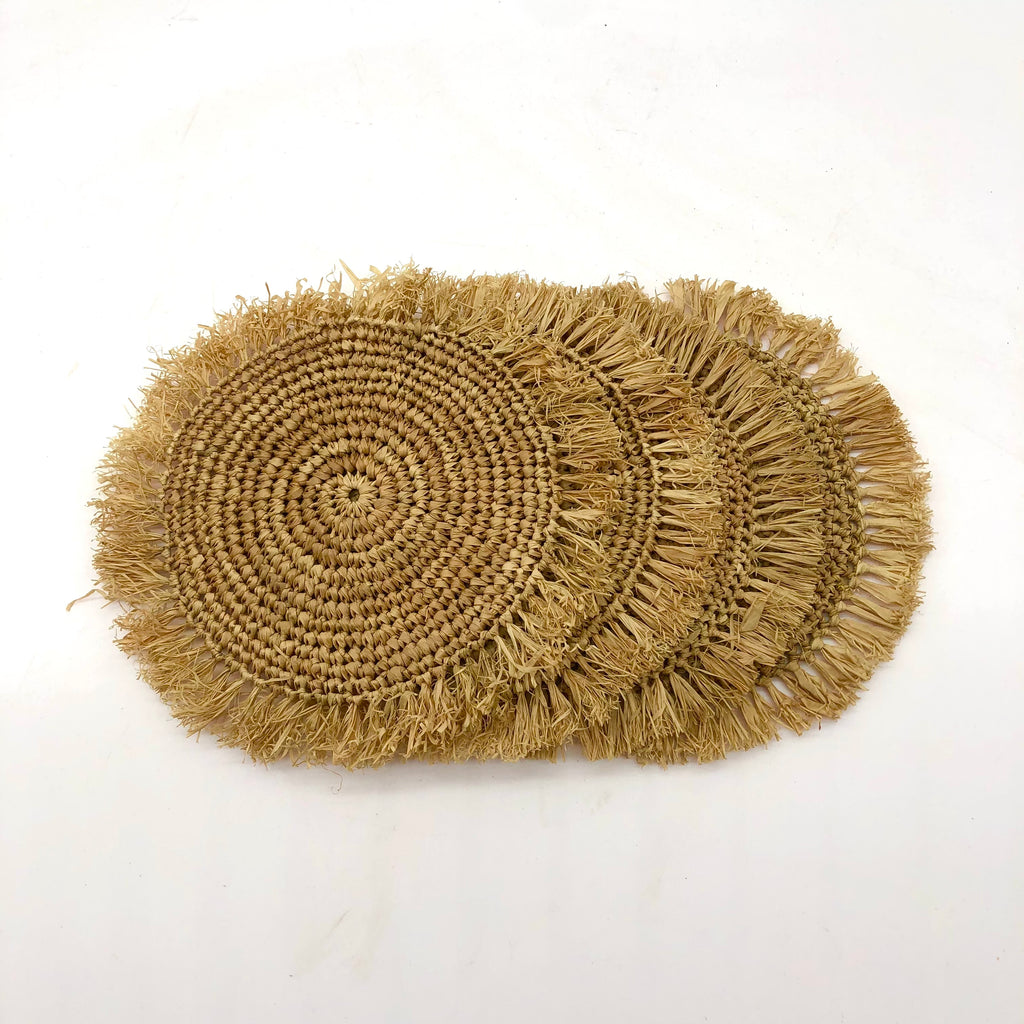 Set of 4 brown/cinnamon/tea colored natural raffia straw handmade crochet cup coasters with brushed fringe edging boho home decor table setting surface protector - Shebobo