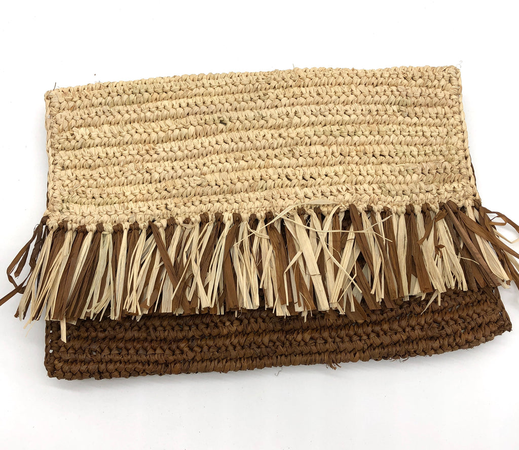 Coco Fringe Crochet Raffia Clutch Purse dark brown and natural color two tone straw handbag - Shebobo