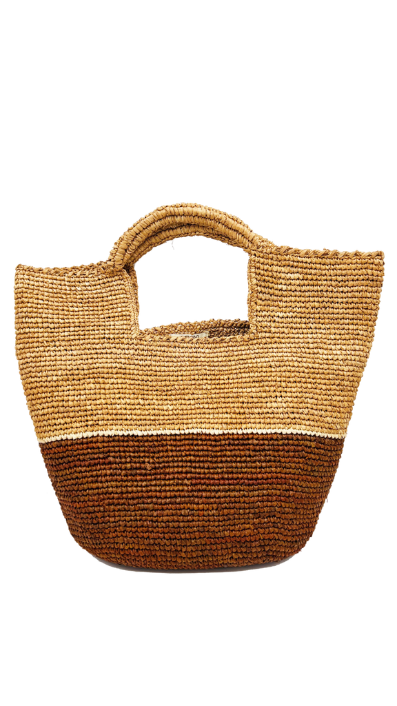 ConCon handmade crochet straw basket two tone color block caramel/brown lower half, natural raffia color upper half handbag - Shebobo