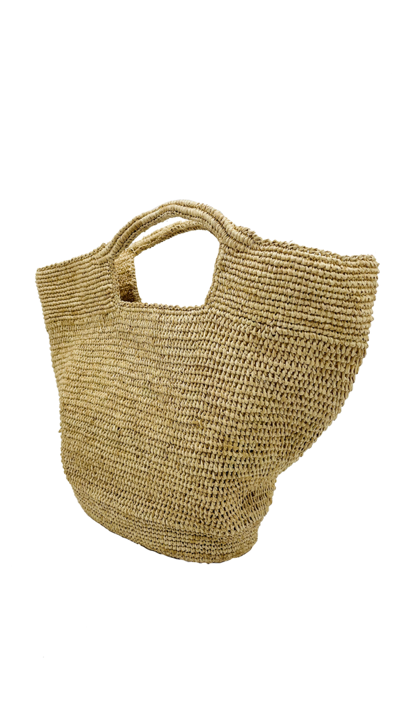 Side view ConCon crochet natural straw basket handmade raffia woven bag - Shebobo