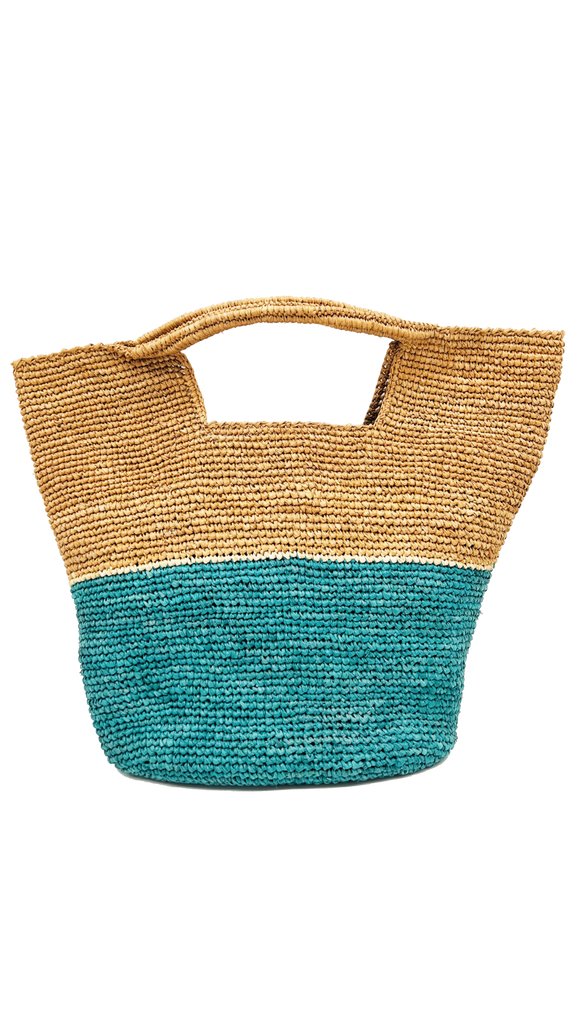 ConCon Turquoise Two Tone Crochet Straw Basket turquoise blue/teal bottom, natural top color block handbag - Shebobo