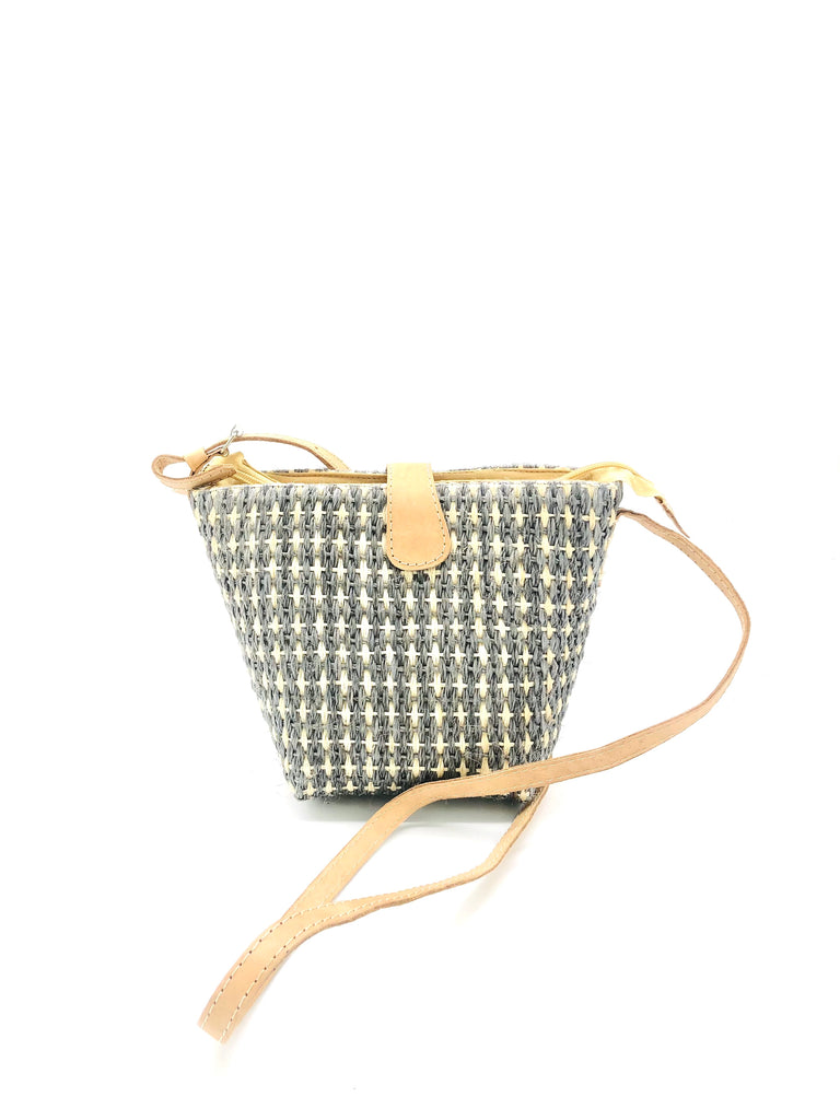 Dana Check Sisal Crossbody Bag handmade woven sisal fibers in a cross/check pattern two tone grey and natural with adjustable leather shoulder strap purse - Shebobo
