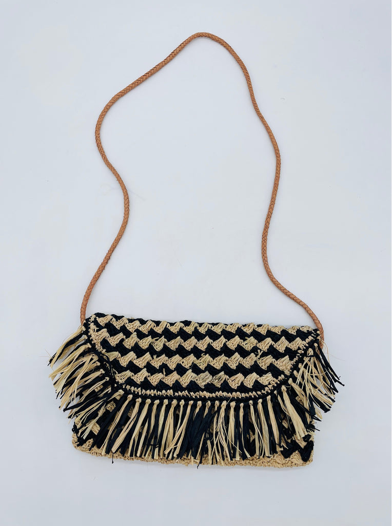 Elsea black and natural two tone crossbody purse crochet raffia fringe edge braided leather shoulder strap bag - Shebobo
