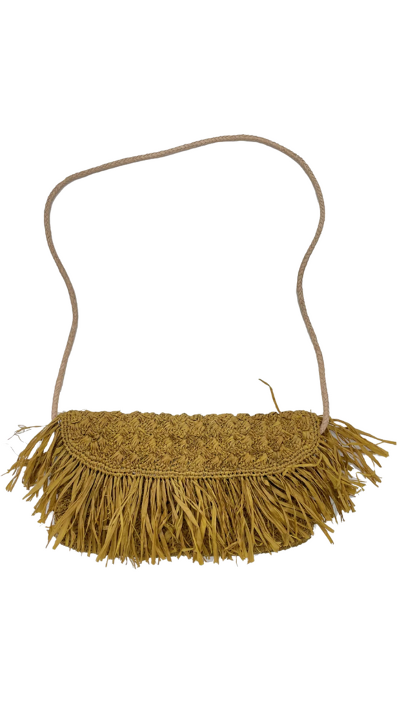 Elsea crochet crossbody bag handmade from knotted and tied natural raffia palm fiber with raw fringe edging embellishment in cinnamon/tobacco/brown color with braided leather strap purse shoulder bag - Shebobo