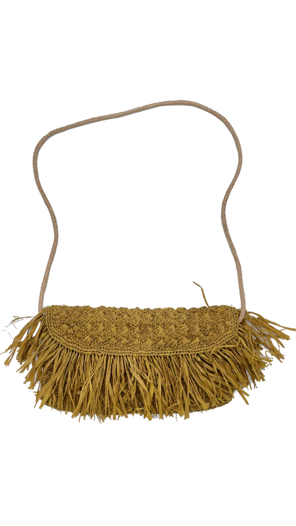 Elsea crochet crossbody bag with fringe edging cinnamon/tobacco/brown color handmade from raffia with leather strap bag - Shebobo