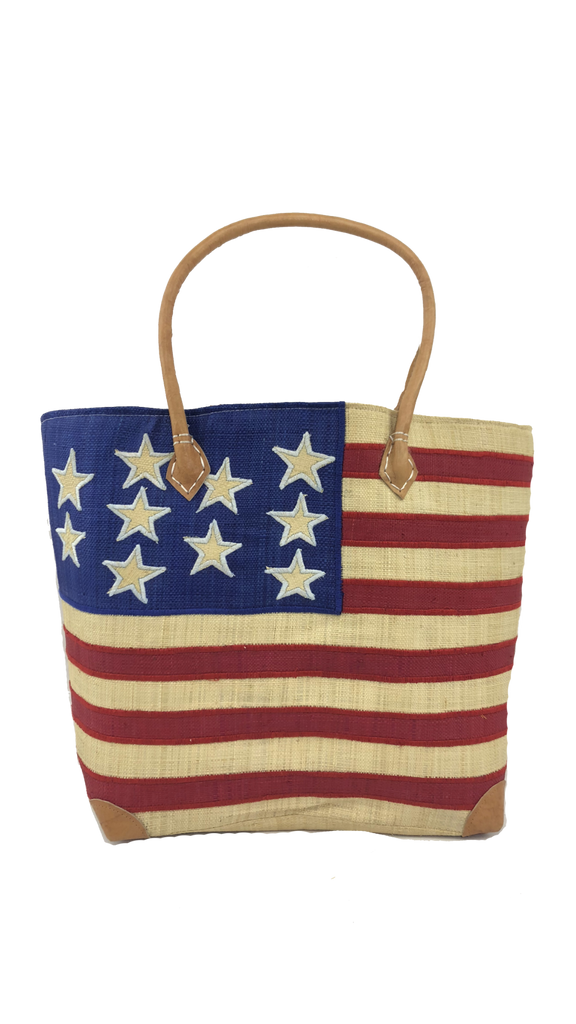 American Flag Straw Basket Bag Leather Handles Handbag Purse - Shebobo