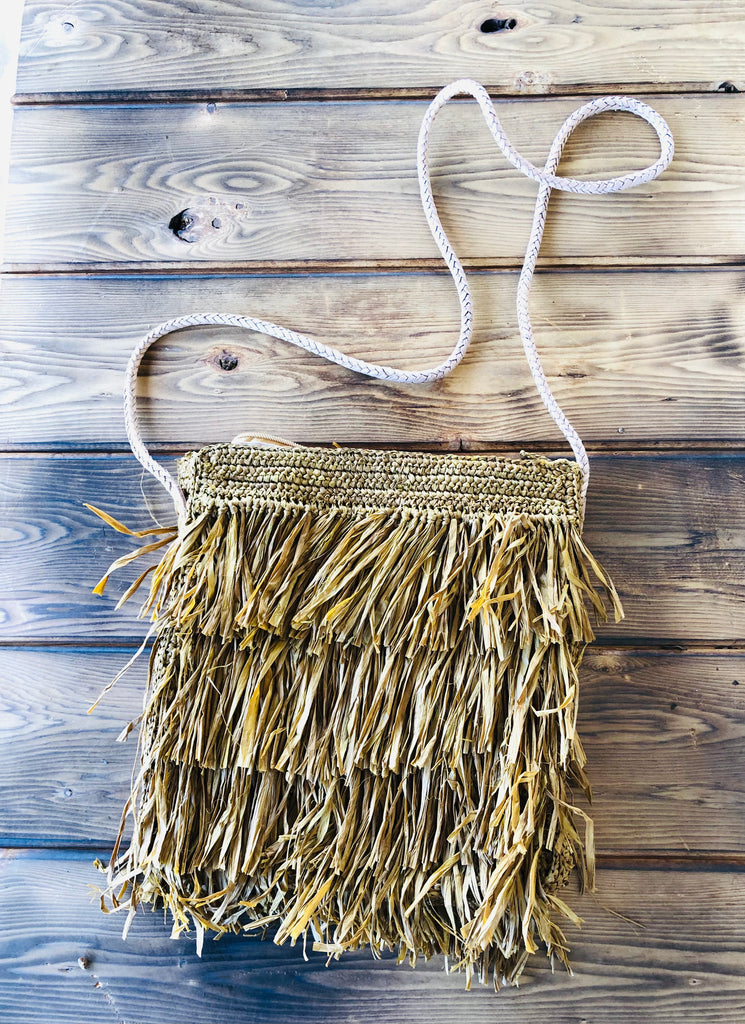 Frou Frou Fringe Crossbody Bag cinnamon/tobacco/tea/brown natural purse with crochet raffia and layers of fringe braided leather shoulder strap - Shebobo