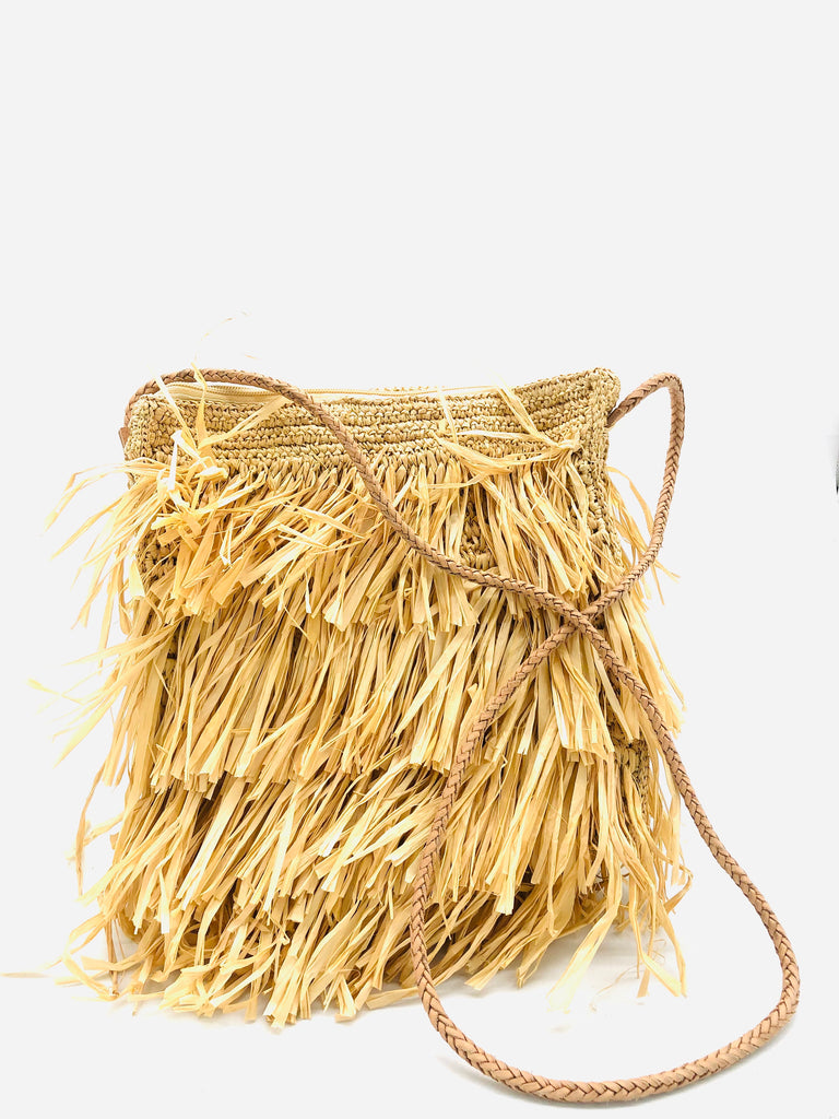 Frou Frou Fringe Crossbody Bag handmade crochet raffia palm fibers with horizontal layers of brushed fringe and woven leather strap purse in natural - Shebobo