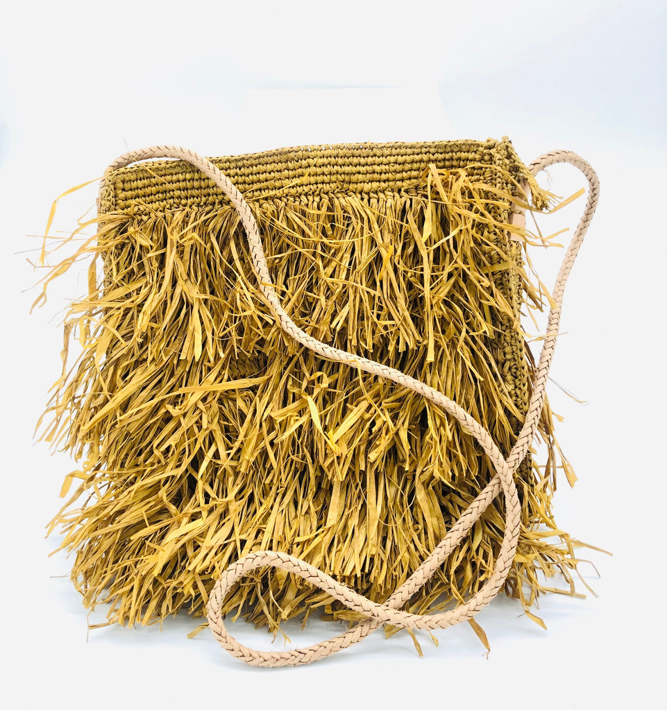 Frou Frou Fringe Crossbody Bag handmade crochet raffia palm fibers with horizontal layers of brushed fringe and woven leather strap purse in cinnamon/tobacco/brown  - Shebobo