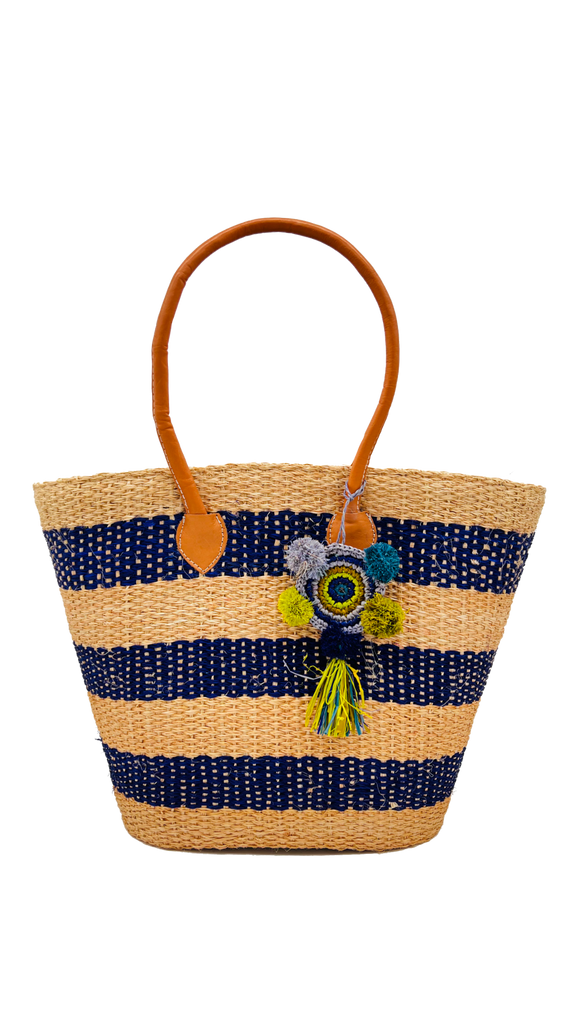 Hermosa Sisal Basket Bag with Dreamcatcher Tassel Charm Embellishment - woven navy blue and natural stripe handbag - Shebobo