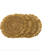 Set of 4 Imani cappuccino/light brown/cinnamon/tea colored natural raffia straw handmade crochet cup coasters with brushed fringe edging boho home decor table setting surface protector - Shebobo