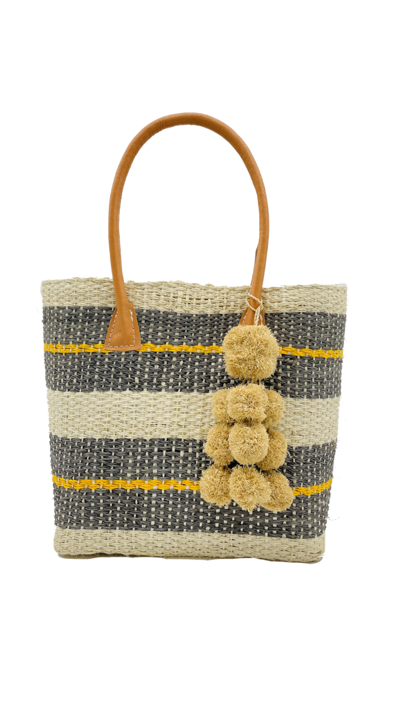 Imperial Handbag woven sisal in natural straw color, grey, and saffron yellow stripe pattern basket with raffia waterfall pompom charm embellishment - Shebobo