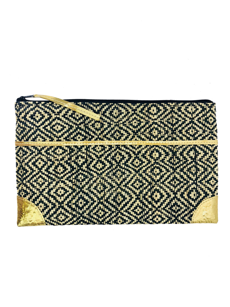 Inverness Woven Straw Clutch with Gold Accents handmade zippered pouch purse woven raffia black and natural two tone contrasting diamond pattern - Shebobo