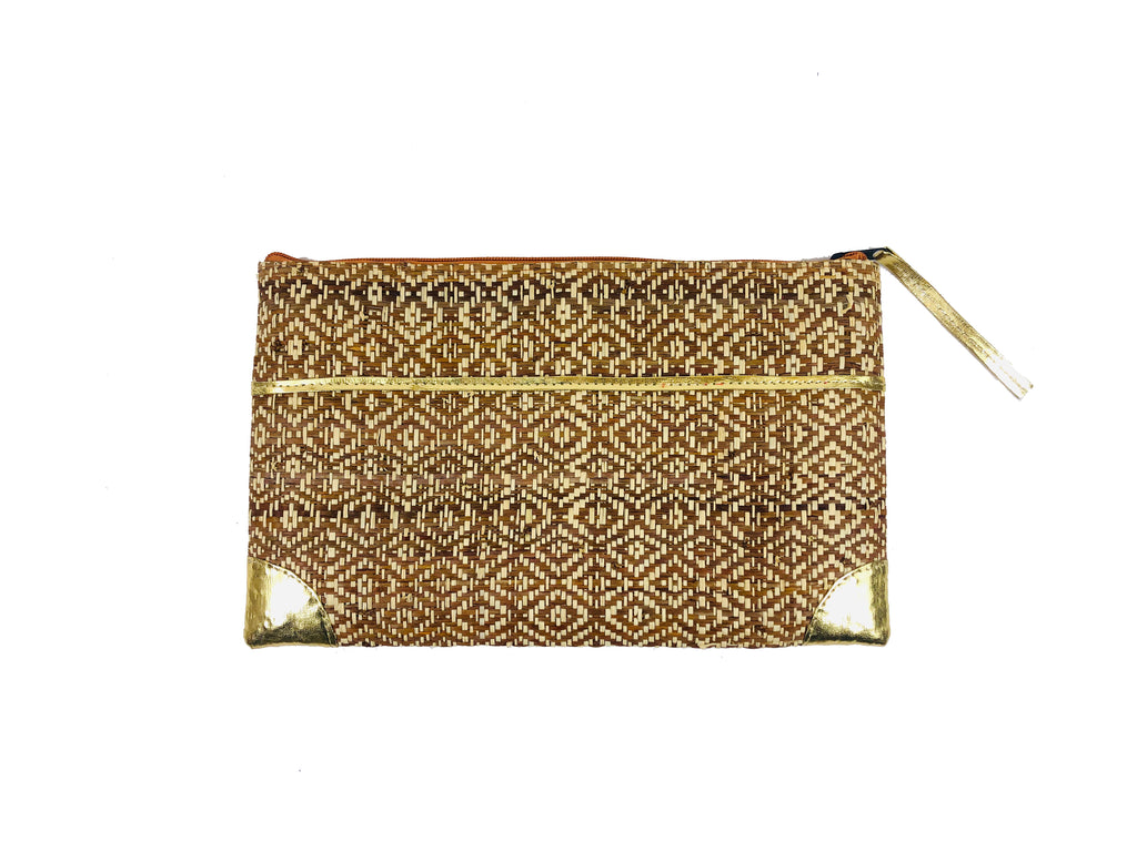 Inverness Woven Straw Clutch with Gold Accents handmade zippered pouch purse woven raffia chocolate/dark brown and natural two tone contrasting diamond pattern - Shebobo