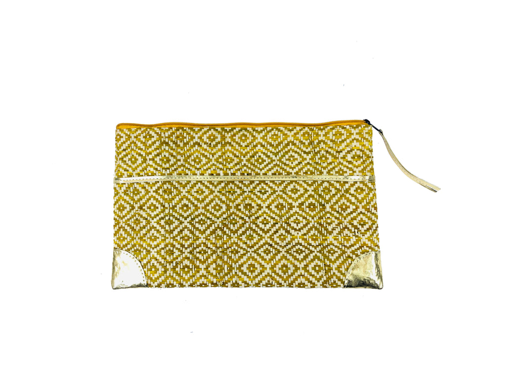 Inverness Woven Straw Clutch with Gold Accents handmade zippered pouch purse woven raffia cinnamon/tobacco/brown and natural two tone contrasting diamond pattern - Shebobo