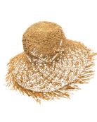 Karin Crochet & Macrame Natural Raffia Knotted Straw Sun Hat Lightweight Breathable with Fringe Edge geometric star or sunburst design brim and geometric knotted diamond pattern top - Shebobo