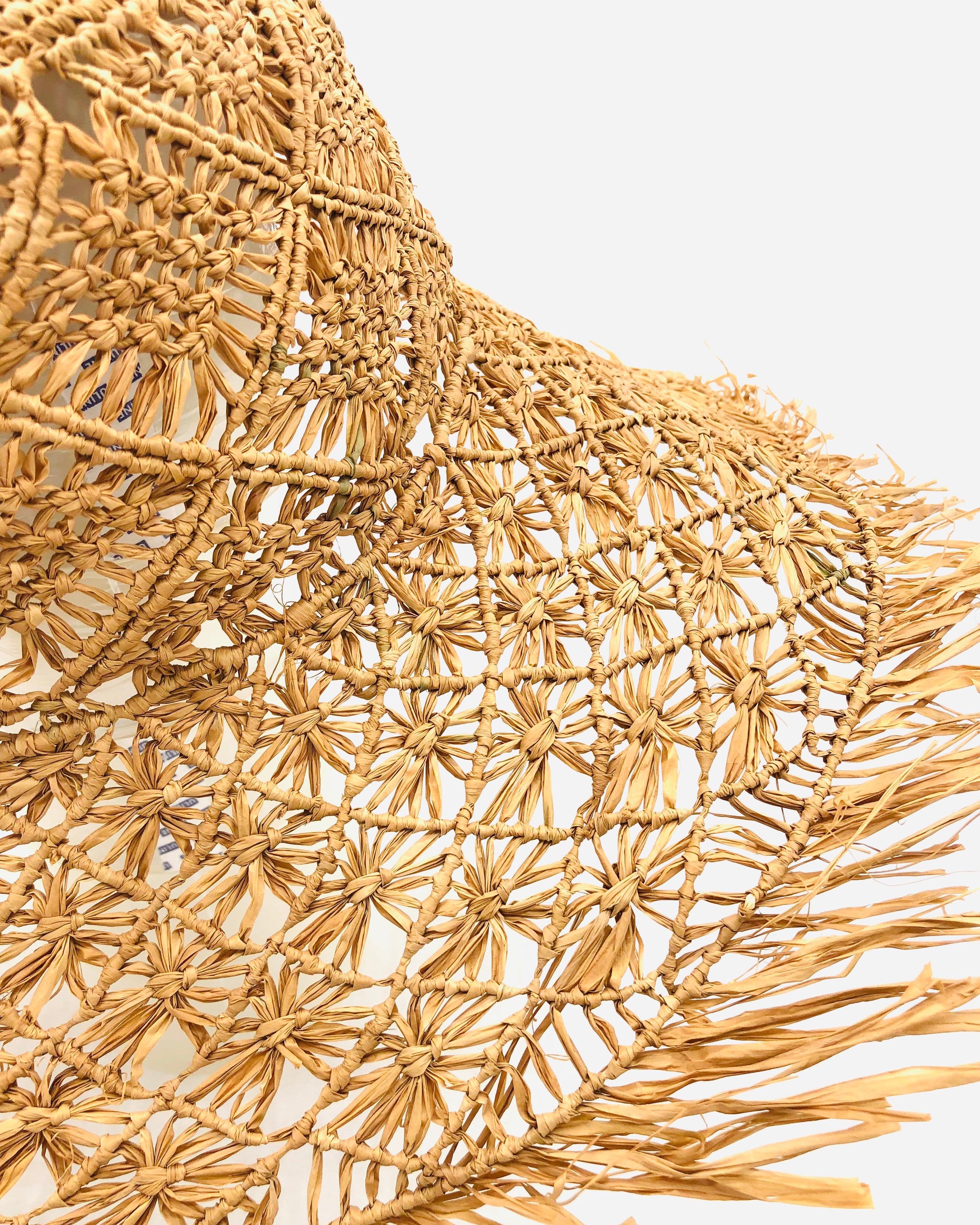 Detail view of Karin Crochet & Macrame Natural Raffia Knotted Straw Sun Hat Lightweight Breathable with Fringe Edge - Shebobo