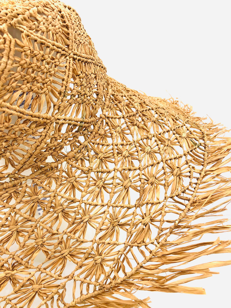 Detail view of Karin Crochet & Macrame Natural Raffia Knotted Straw Sun Hat Lightweight Breathable with Fringe Edge - Shebobo