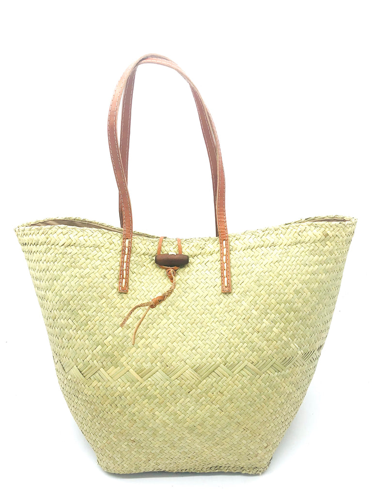 Kendall Woven Straw Basket handmade artisan woven fresh light green rush handbag boho-chic natural aesthetic shopping tote bag with leather handles - Shebobo
