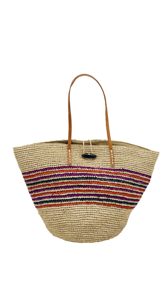 Kerry crochet straw handbag handmade raffia natural with multicolor (fuchsia pink, coral orange, and navy blue) horizontal pinstripe pattern mid bag purse with leather handles beach bag - Shebobo