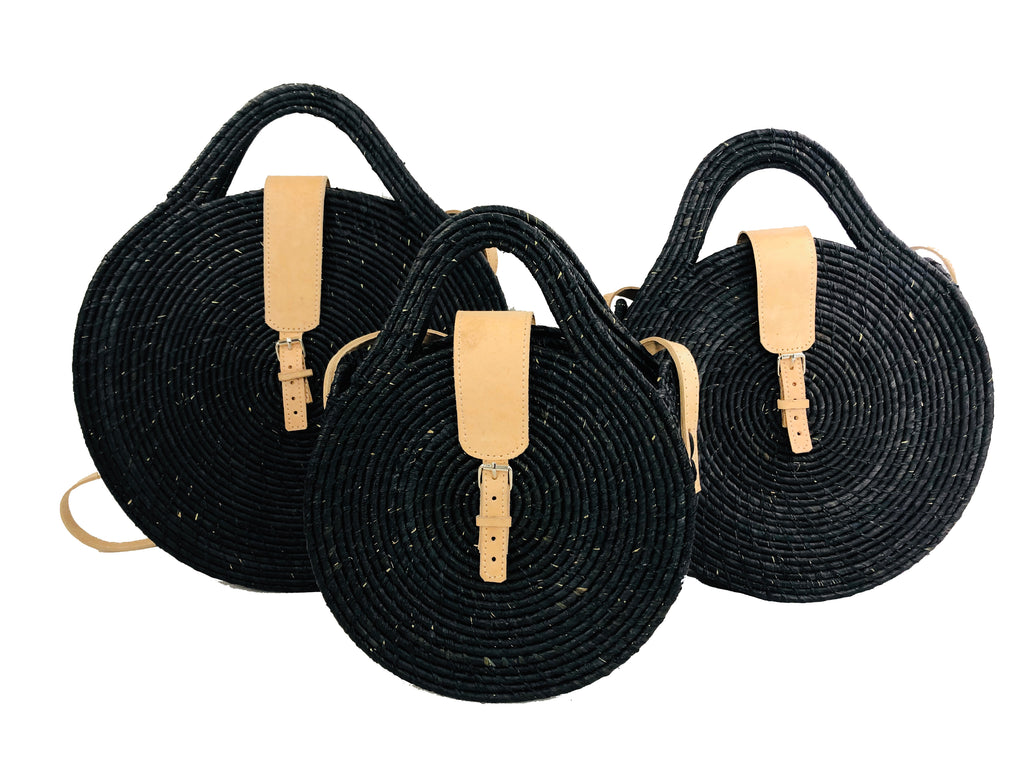 Luna Black Round Straw Crossbody Bag modern crochet raffia handmade purse shoulder bag three sizes small, medium, or large with leather strap - Shebobo