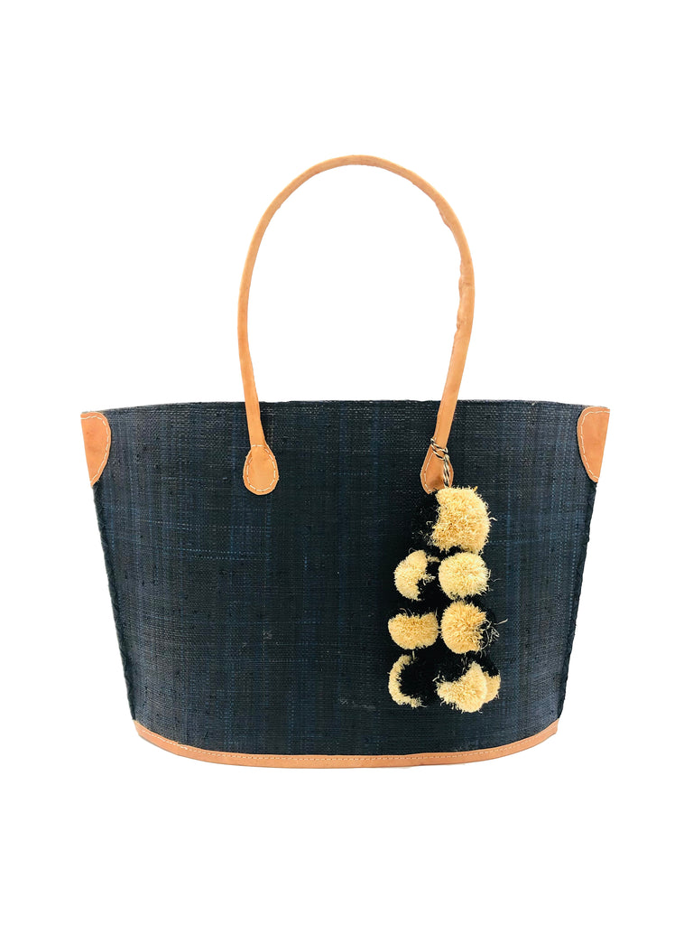 Melanga straw tote bag with waterfall pompom bag charm embellishment handmade black loomed raffia handbag with leather handles beach bag purse - Shebobo
