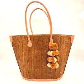 Melanga straw tote bag with waterfall pompom bag charm embellishment handmade cinnamon/tobacco/brown loomed raffia handbag with leather handles beach bag purse - Shebobo