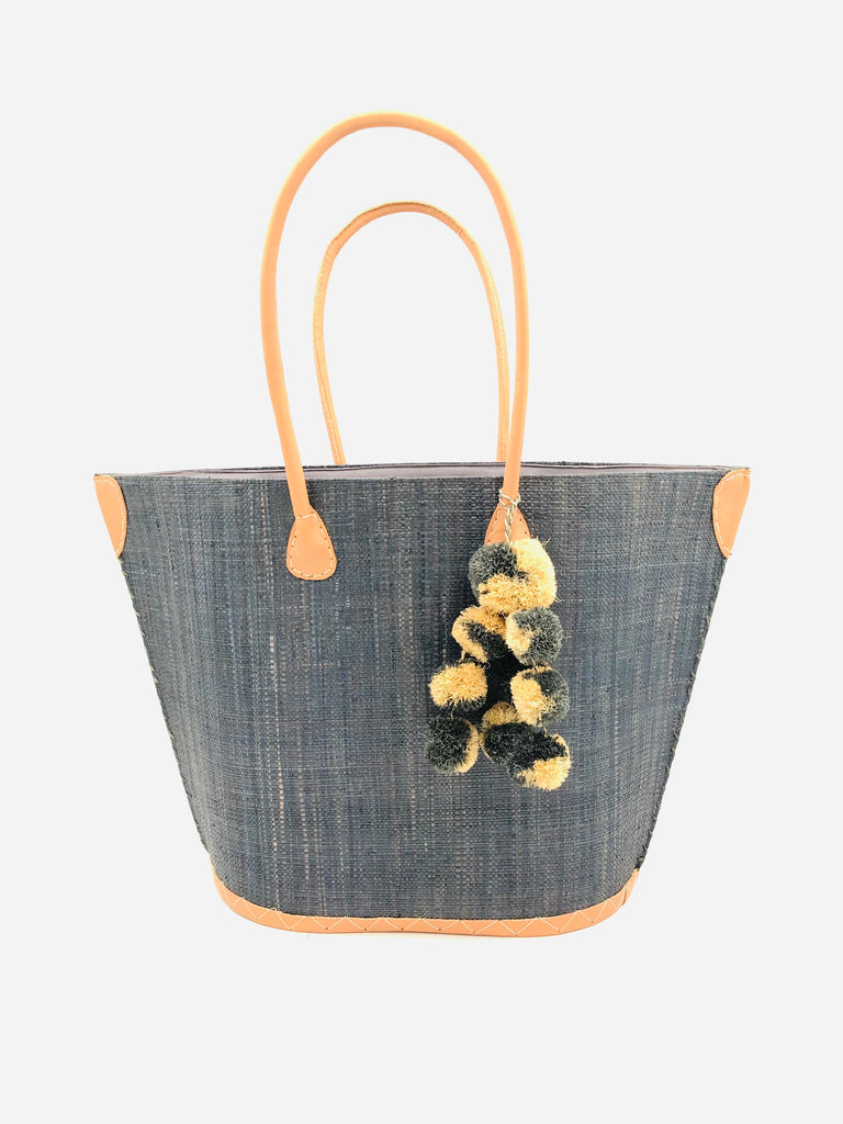 Melanga straw tote bag with waterfall pompom bag charm embellishment handmade grey loomed raffia handbag with leather handles beach bag purse - Shebobo