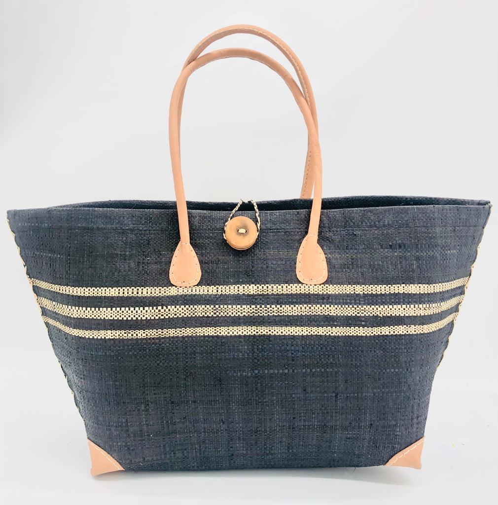 Monterey Racing Stripes Straw tote bag handmade loomed raffia black color with three natural horizontal stripes mid way up the bag and natural cross binding on the edges handbag with leather handles beach bag - Shebobo