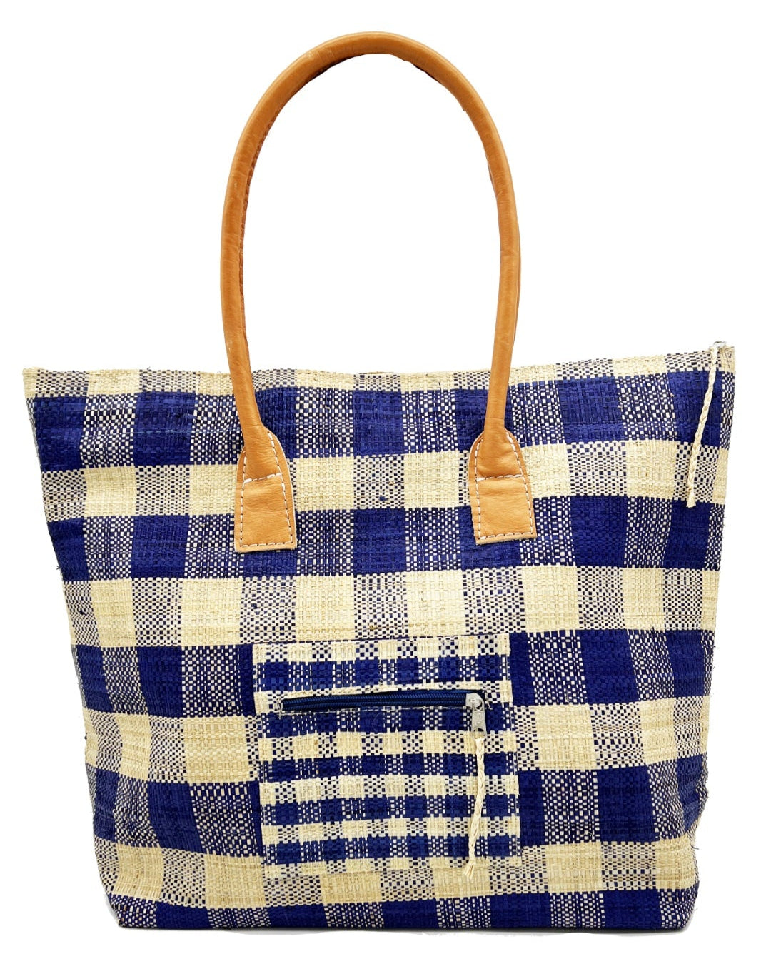 Nador Gingham Zippered Straw Bag handmade loomed raffia navy blue and natural plaid pattern tote bag shopping bag packs flat handbag with leather handles, zipper closure, and extra pockets purse - Shebobo