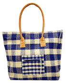 Nador Gingham Zippered Straw Bag handmade loomed raffia navy blue and natural plaid pattern tote bag shopping bag packs flat handbag with leather handles, zipper closure, and extra pockets purse - Shebobo
