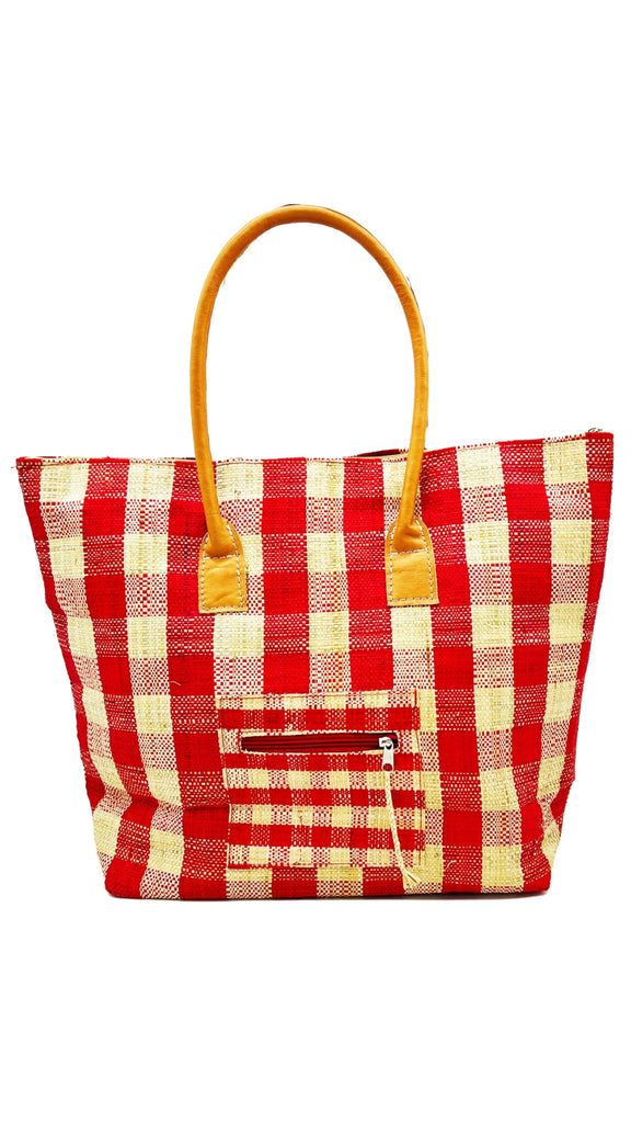 Nador Gingham Zippered Straw Bag handmade loomed raffia red and natural plaid pattern tote bag shopping bag packs flat handbag with leather handles, zipper closure, and extra pockets purse - Shebobo