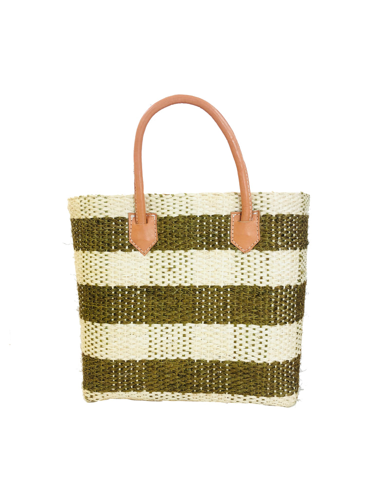 Newport Gingham Sisal Basket Bag handmade woven olive green and natural plaid pattern handbag with leather handles - Shebobo