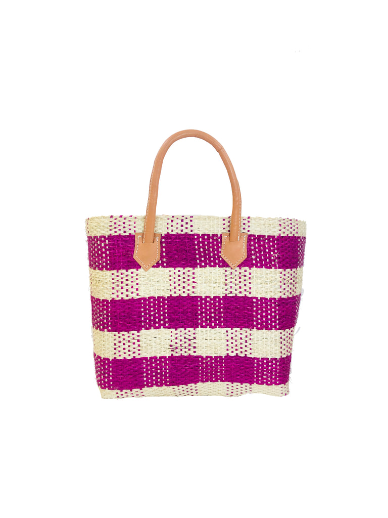 Newport Raspberry Gingham Sisal Basket Bag handmade woven raspberry pink/purple and natural plaid pattern handbag with leather handles - Shebobo