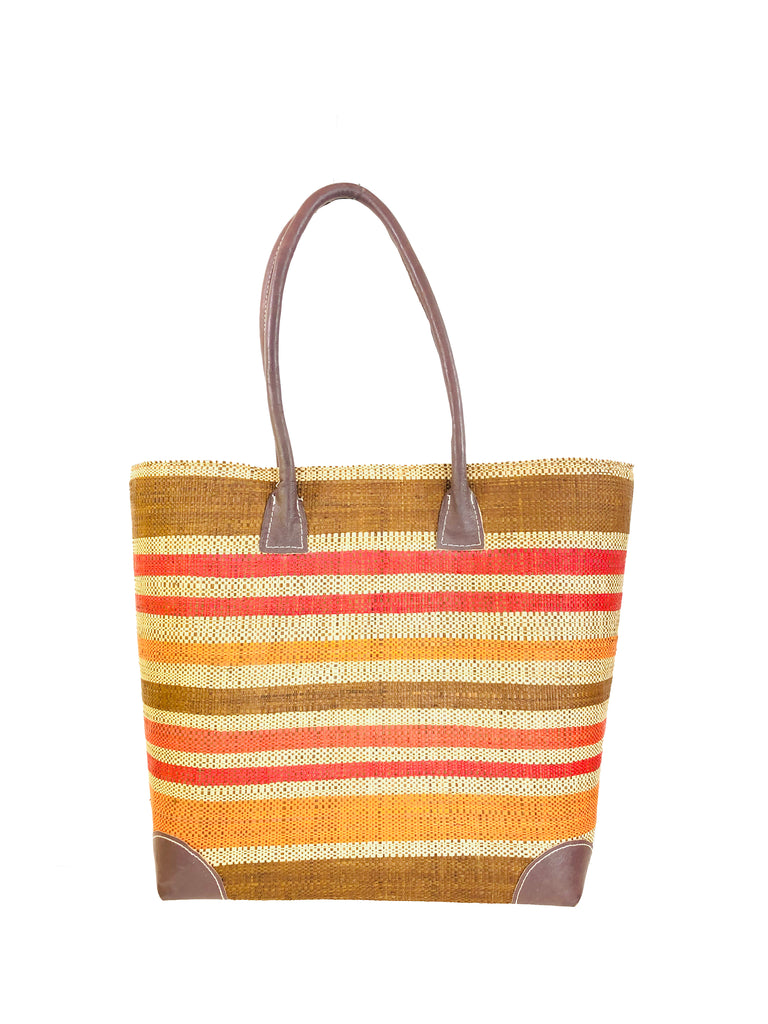 Rayo straw basket loomed raffia orange, red, natural, cinnamon/tobacco/brown multicolored multiple width stripe pattern handbag tote purse - Shebobo