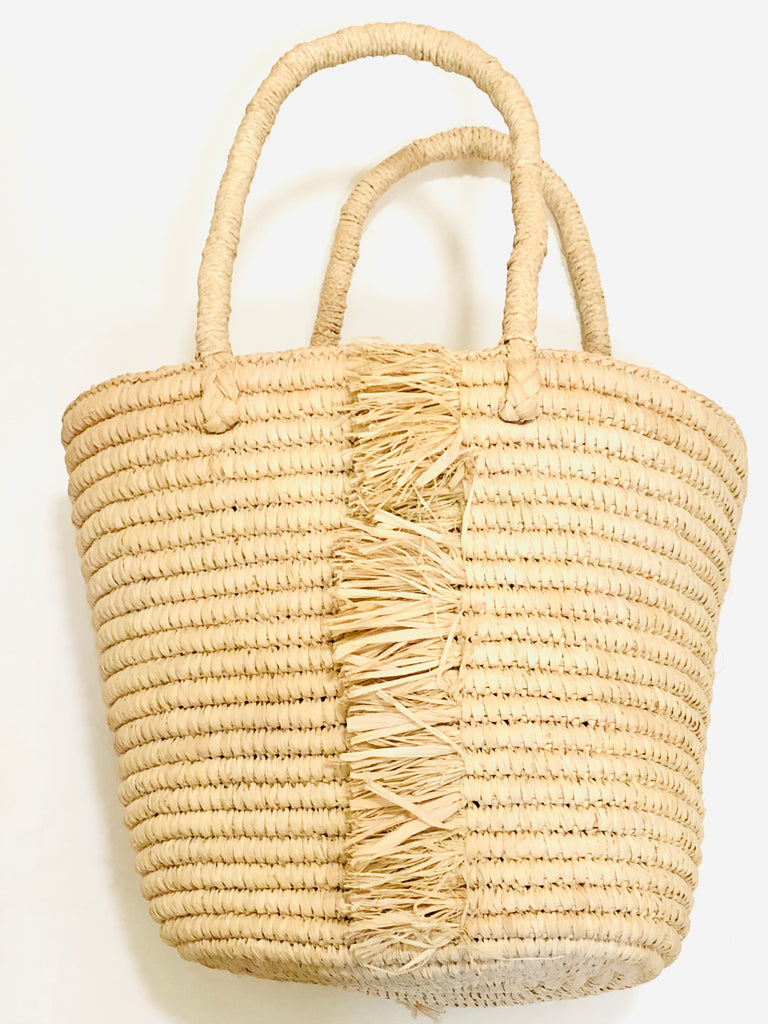 Roxanne handmade natural raffia palm fiber loop crochet straw basket with stripe of vertical fringe edging on both sides of the basket braided straw handles handbag purse - Shebobo