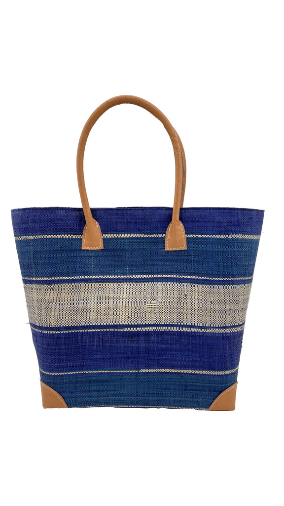 Rayo straw navy blue, turquoise blue and natural multiple width stripe pattern loomed raffia basket bag tote - Shebobo