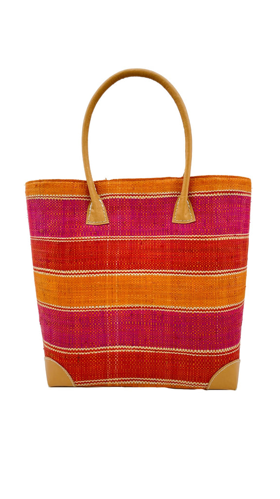 Rayo orange, red, fuchsia pink and natural multiple width stripe pattern loomed raffia straw basket bag multiple color handbag tote purse - Shebobo