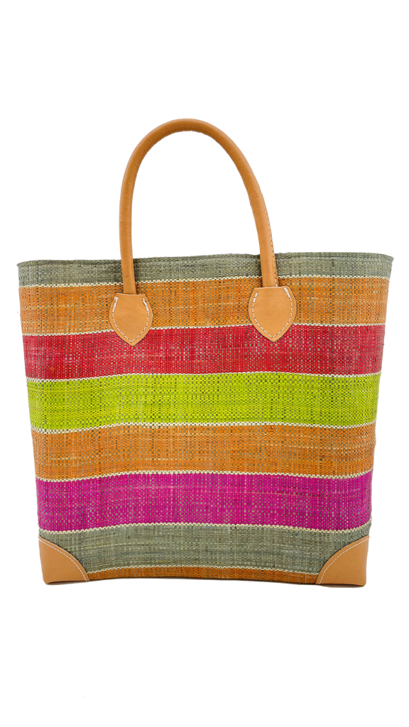 Rayo raffia straw handbag tote basket multiple color orange, red, lime green, fuchsia pink, grey, and natural loomed stripe pattern - Shebobo - Shebobo