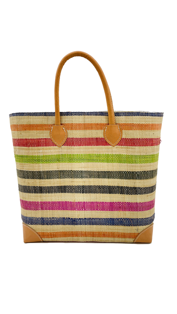 Rayo multicolored orange, red, lime green, olive green, black, pink, blue, and natural colored stripe pattern raffia straw handbag tote purse - Shebobo