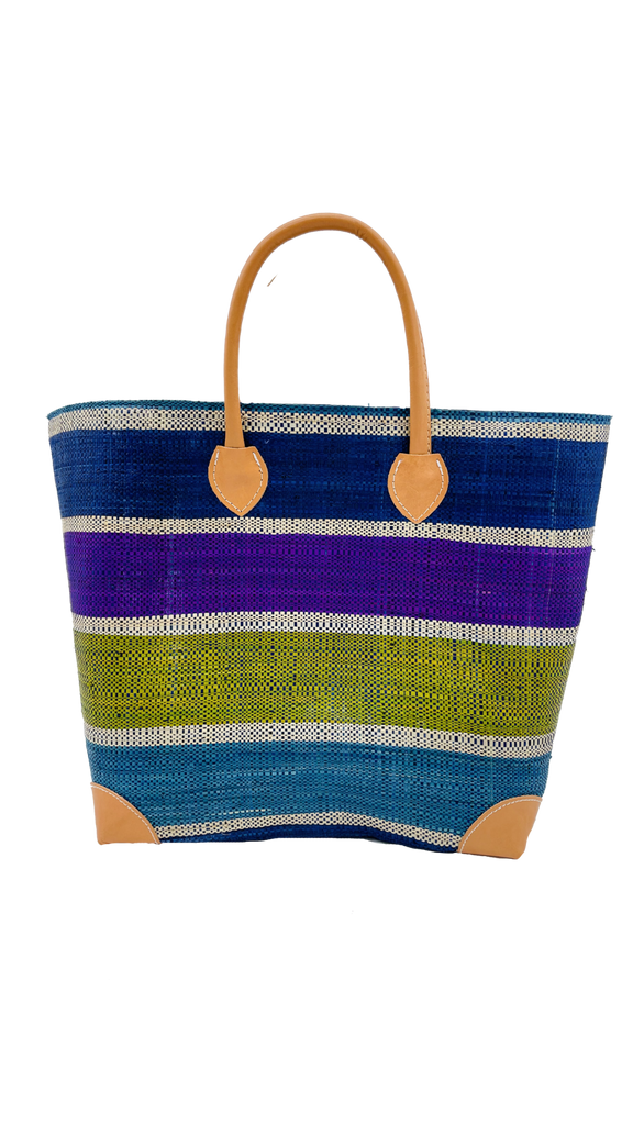Rayo straw tote basket bag multiple color & multiple width stripes of natural, navy blue, purple, olive green, and turquoise blue stripes handbag- Shebobo