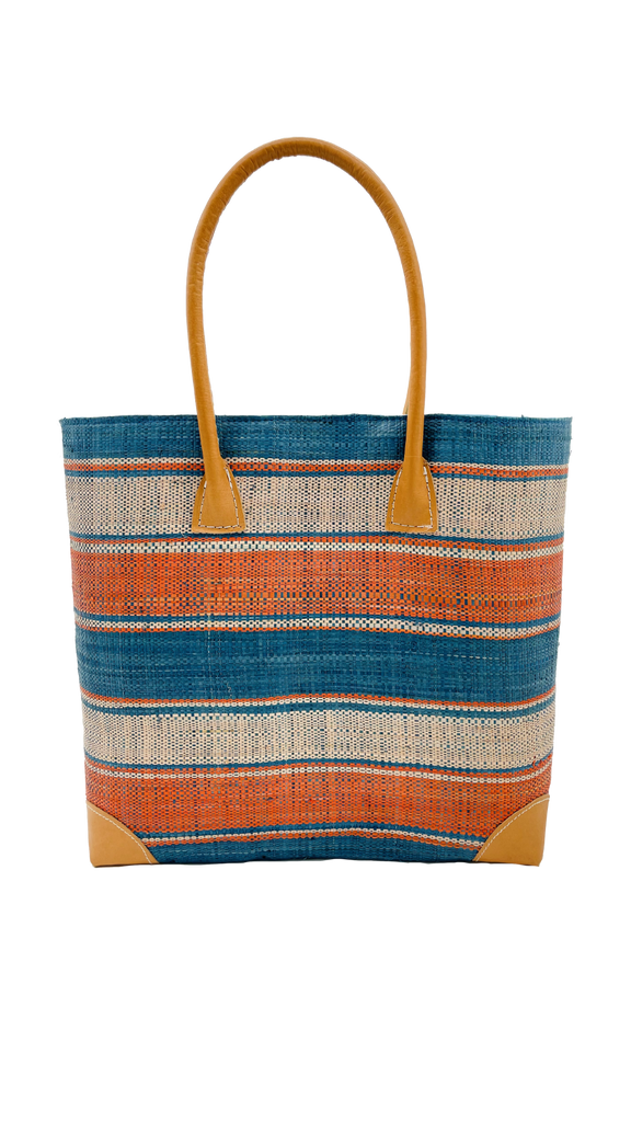 Rayo peach, turquoise, and natural colored raffia loomed into multiple width stripe pattern basket bag tote handbag - Shebobo