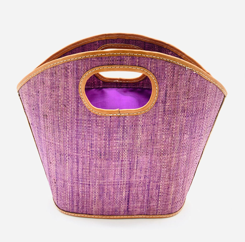 Ricky Straw Bucket Handbag handmade loomed raffia in lavender with leather finishes purse - Shebobo