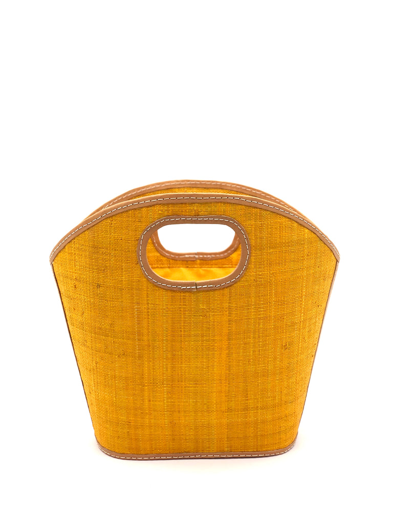 Ricky Saffron Yellow Straw Bucket Shape Handbag Purse Bag with Leather Details - Shebobo