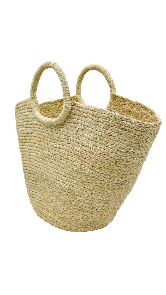 Santa Monica Basket handmade raffia palm fiber braided and woven natural colored handbag purse side view of bag- Shebobo