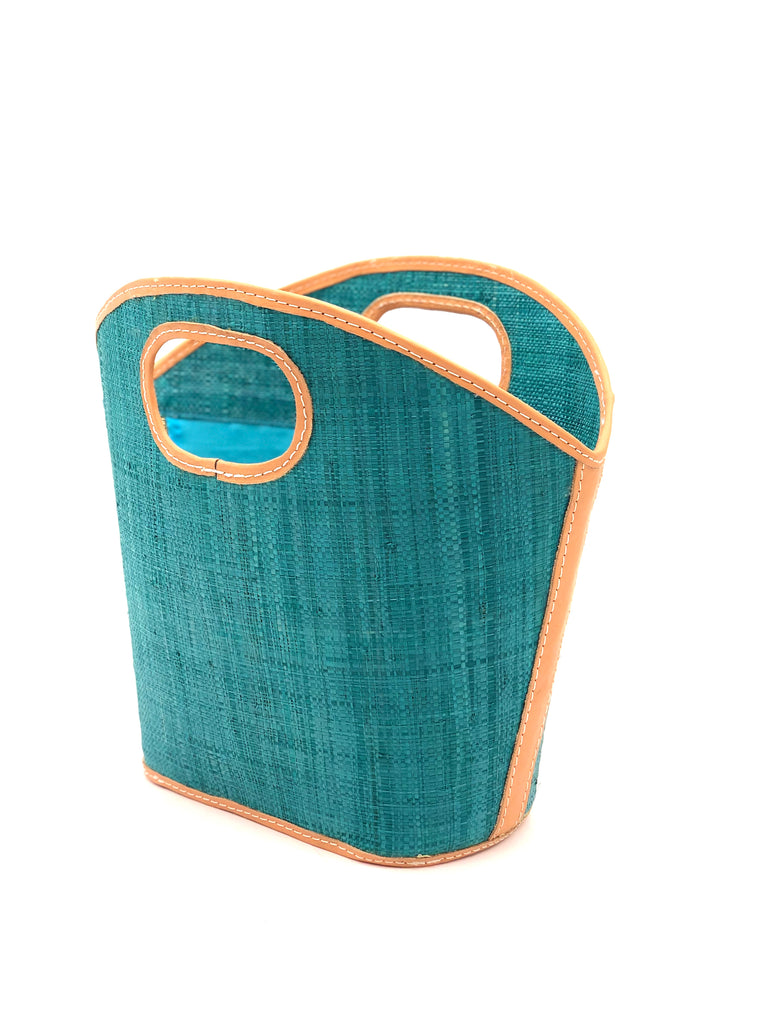 Side view Ricky straw bucket handbag handmade from loomed raffia in emerald rich green/blue with leather finishes purse bag - Shebobo