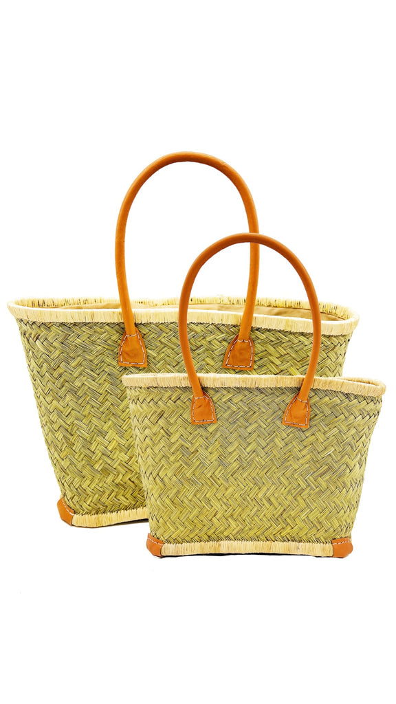 Tan Tan handmade woven natural rush and raffia straw fiber basket tote bag available in small, medium, or large with leather handles - Shebobo